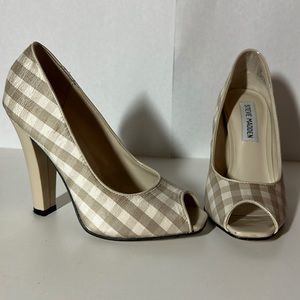 Steve Madden Beige Plaid Fabric Peep Toe Heels